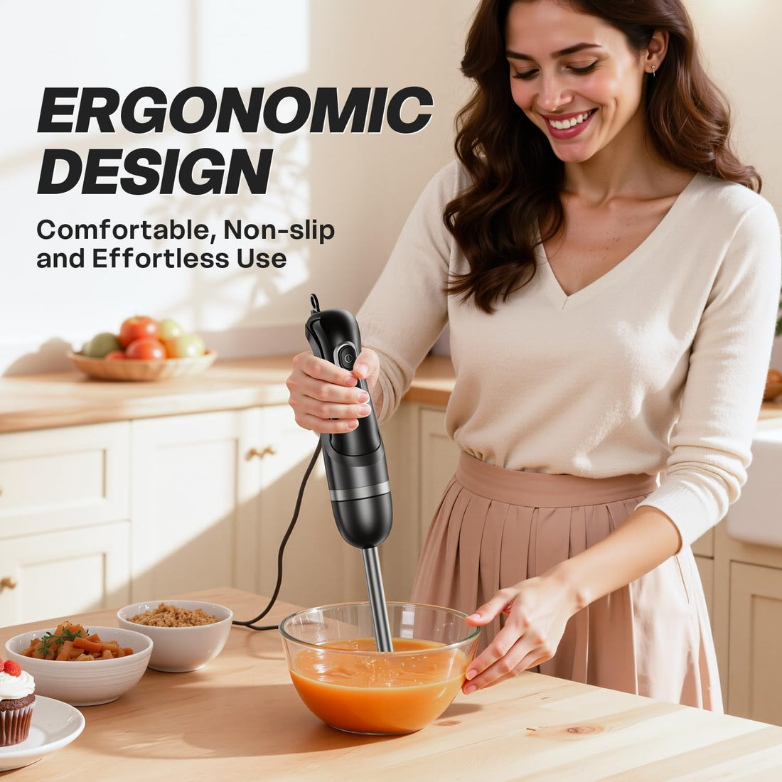 Immersion Blender Handheld, Corded Electric Blenders Portable Stick Mixer with 2 Mixing Speed and Stainless Steel Blades Emulsifier for Effortless Blending Soup, Smoothies, Puree or Baby Food