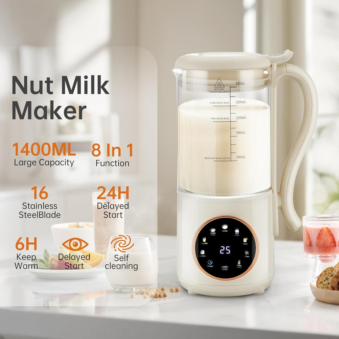 48 oz Nut Milk Maker Machine with 16 Blades, 8 in 1 Automatic Homemade Almond, Oat, Soy, Plant-Based Milk and Dairy Free Beverages, Almond Maker
