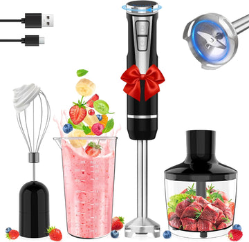 Cordless Immersion Blender Handheld, 4-in-1 Cordless Hand Blender with 500ml Chopper, 600ml Beaker & Egg Whisk, 8 Speeds, USB Rechargeable Handheld Blender Cordless – Smoothies, Baby Food